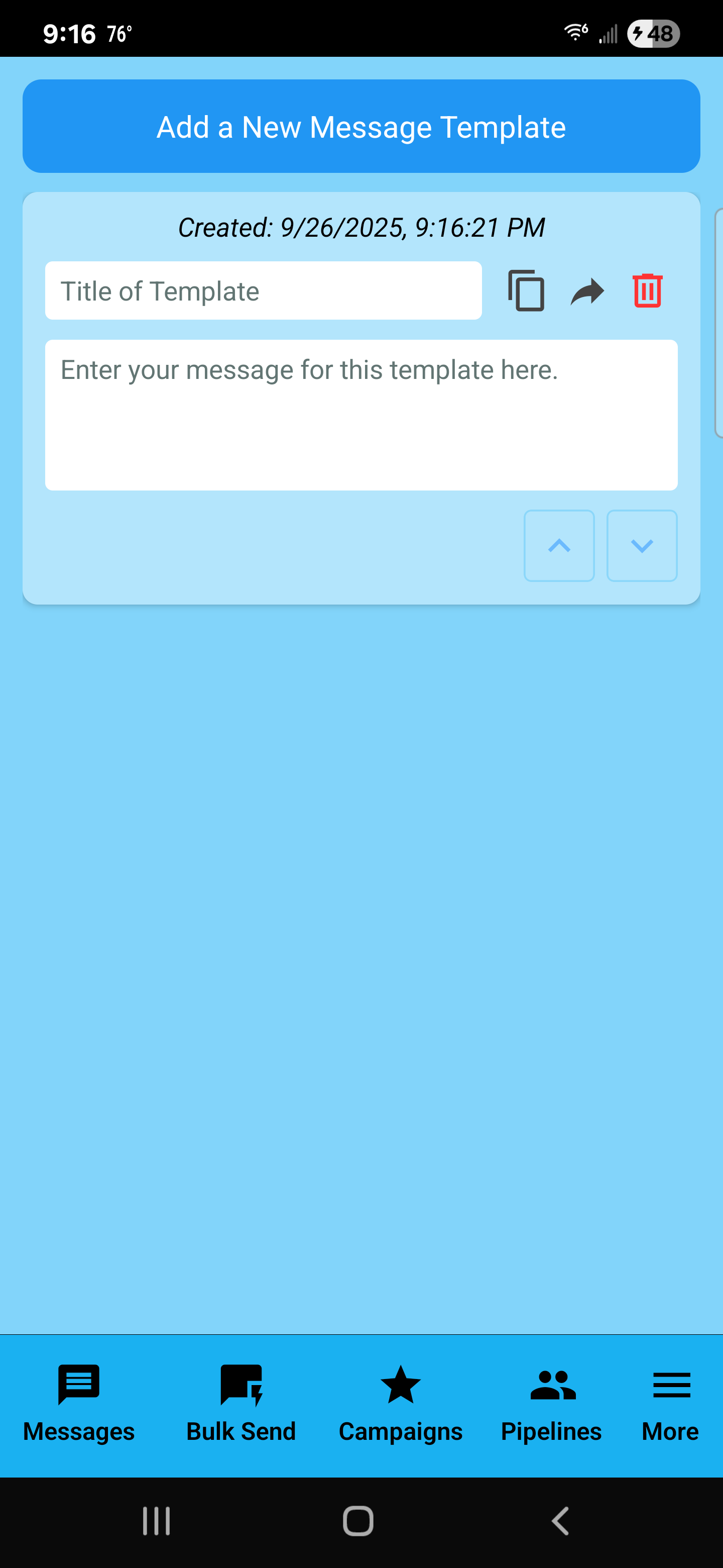 SendSweep Add a New Message Template screen with title field, message body, copy/share/delete icons, and reorder arrows