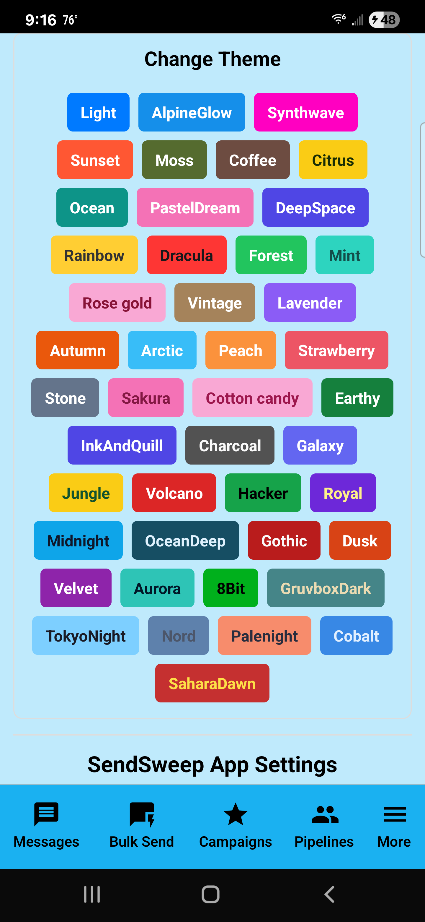 SendSweep Change Theme screen showing many theme buttons and SendSweep App Settings header