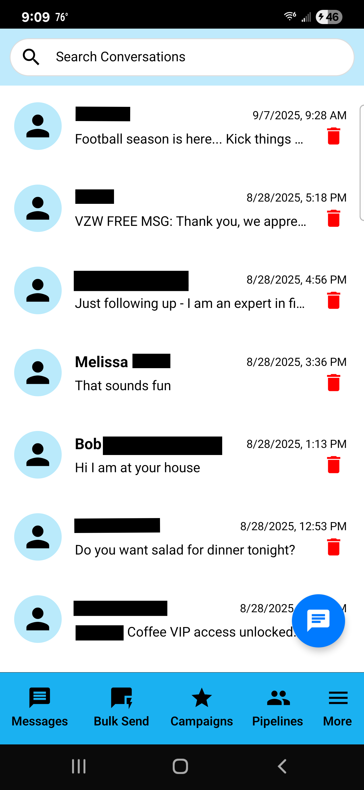 SendSweep Messages conversation list with search and trash icons