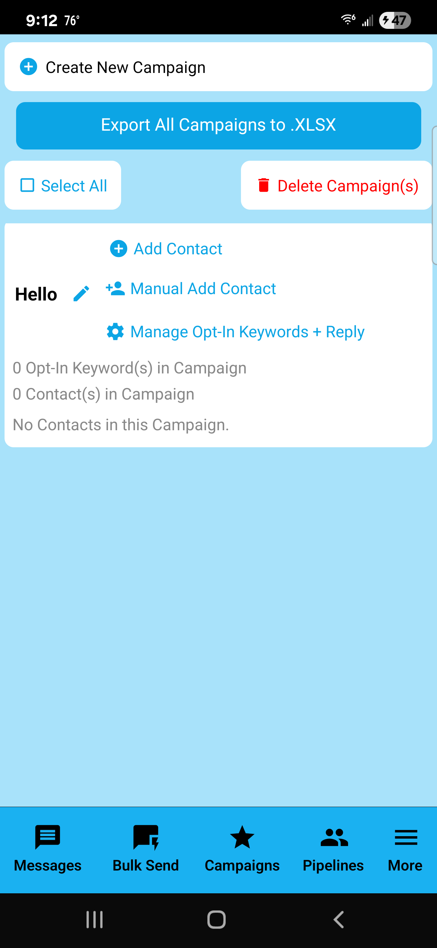 SendSweep Campaigns screen with create, export to XLSX, select all, delete, and campaign card actions