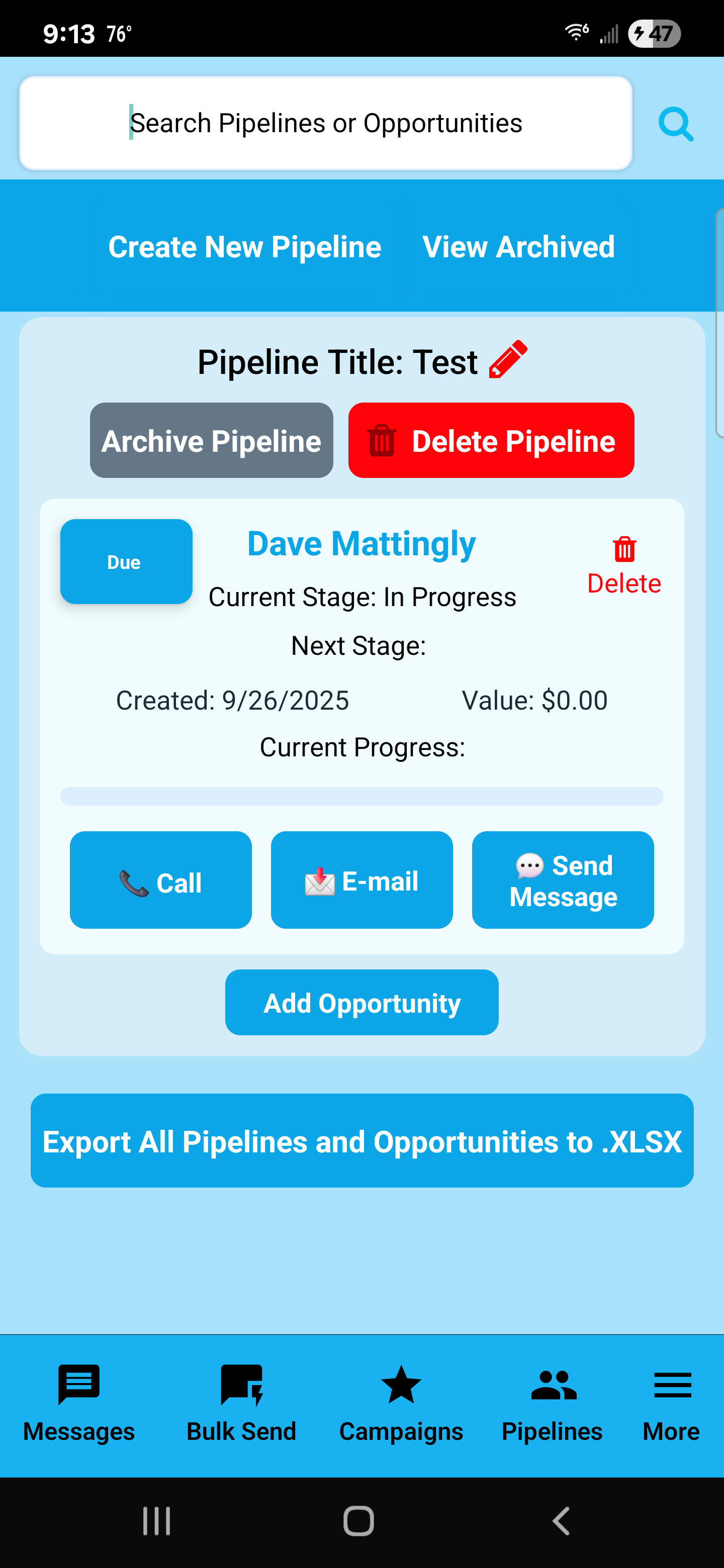 SendSweep Pipelines screen showing pipeline title, archive/delete, opportunity card with stage, value, progress, and actions