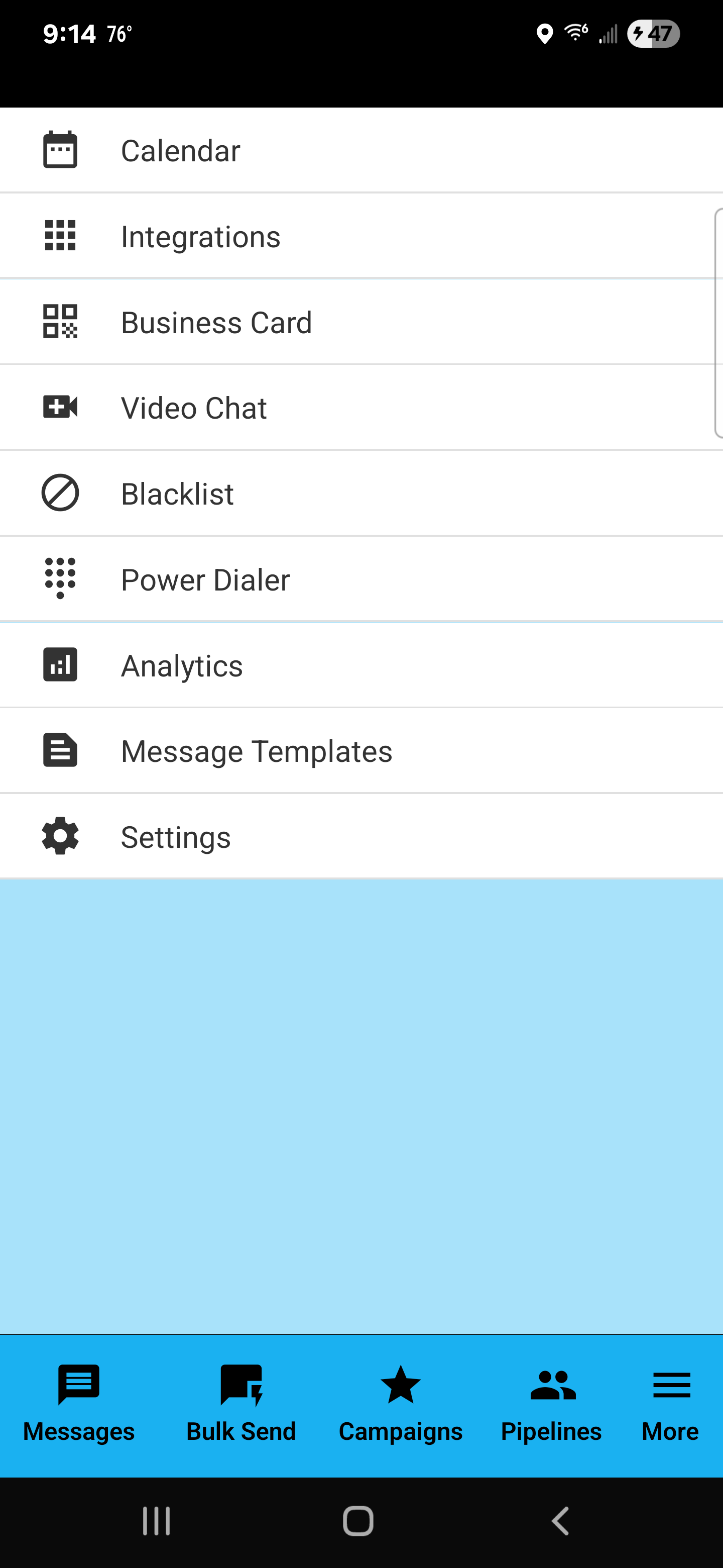 SendSweep More menu with features list