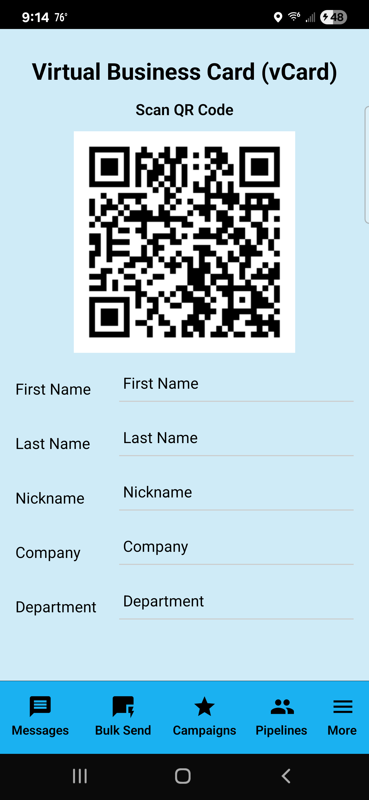SendSweep Virtual Business Card screen with QR code and fields for name, company, department